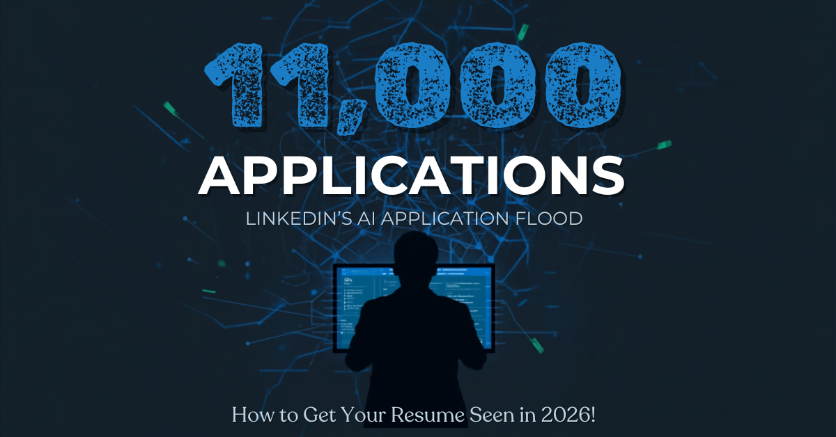 Overwhelmed recruiter watching a towering stack of identical AI-generated resumes pour out of a laptop screen