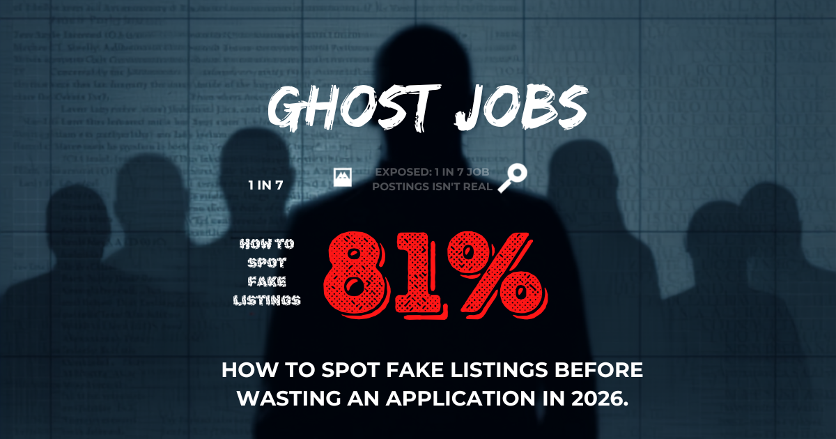 Job seeker at a laptop examining online job listings while several postings fade into transparent ghost silhouettes