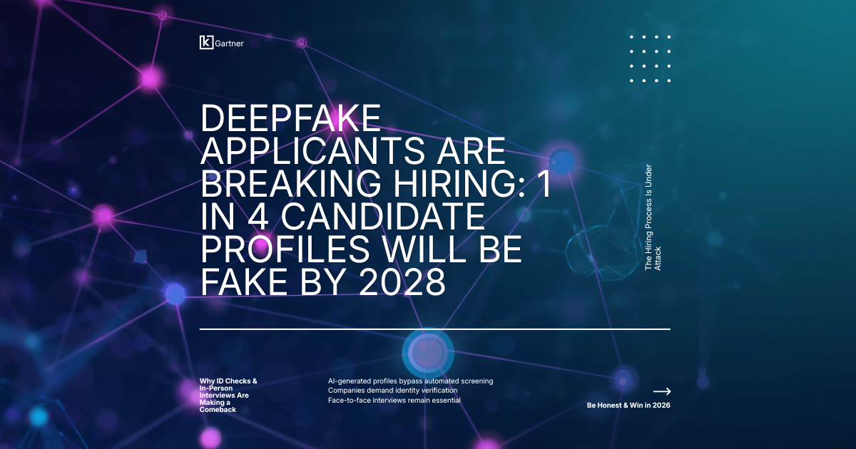 Recruiter comparing a real candidate on a video call with a glitching deepfake face on a second monitor